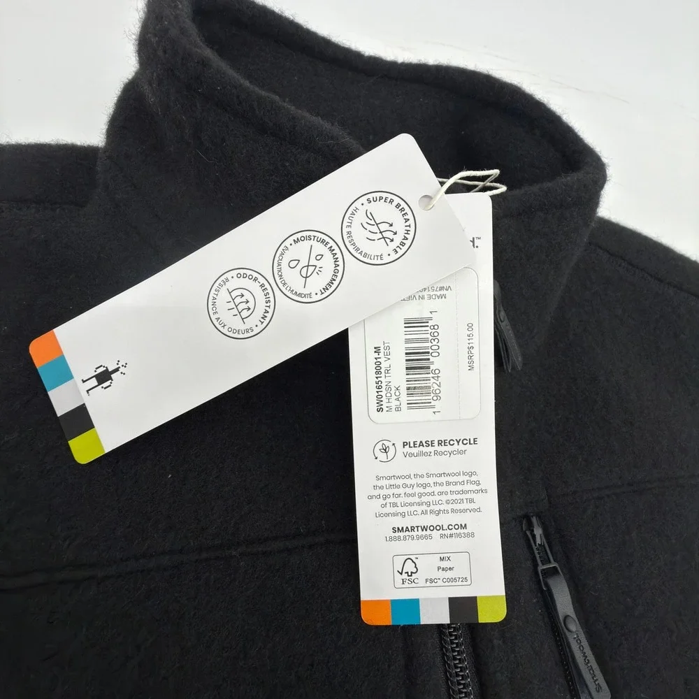 NWT Smartwool Hudson Trail Vest Mens Medium Black Fleece SW016518001-M Outdoors
